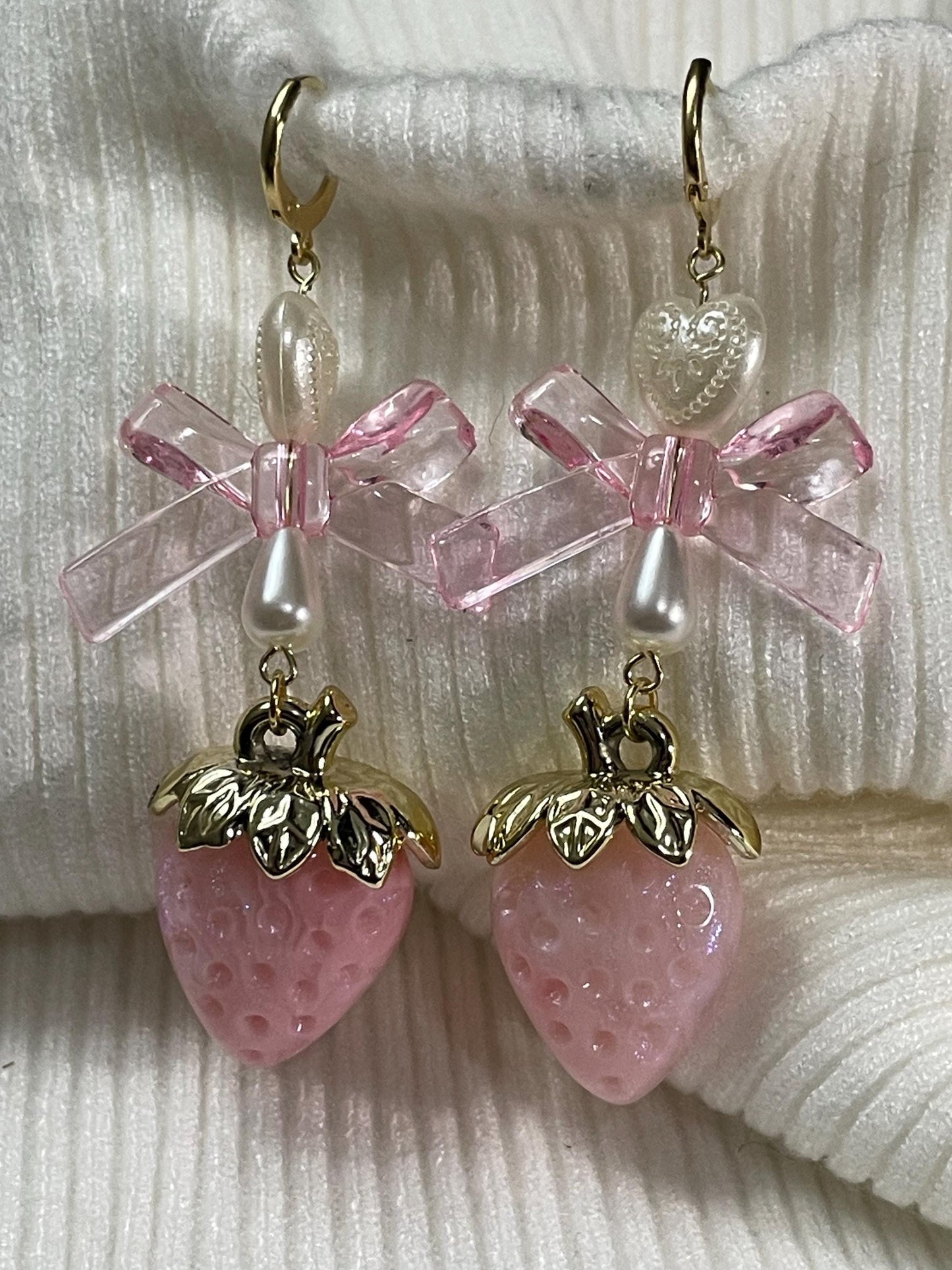 Strawberry Bow Earrings | Pink Fairycore Pearl Jewelry