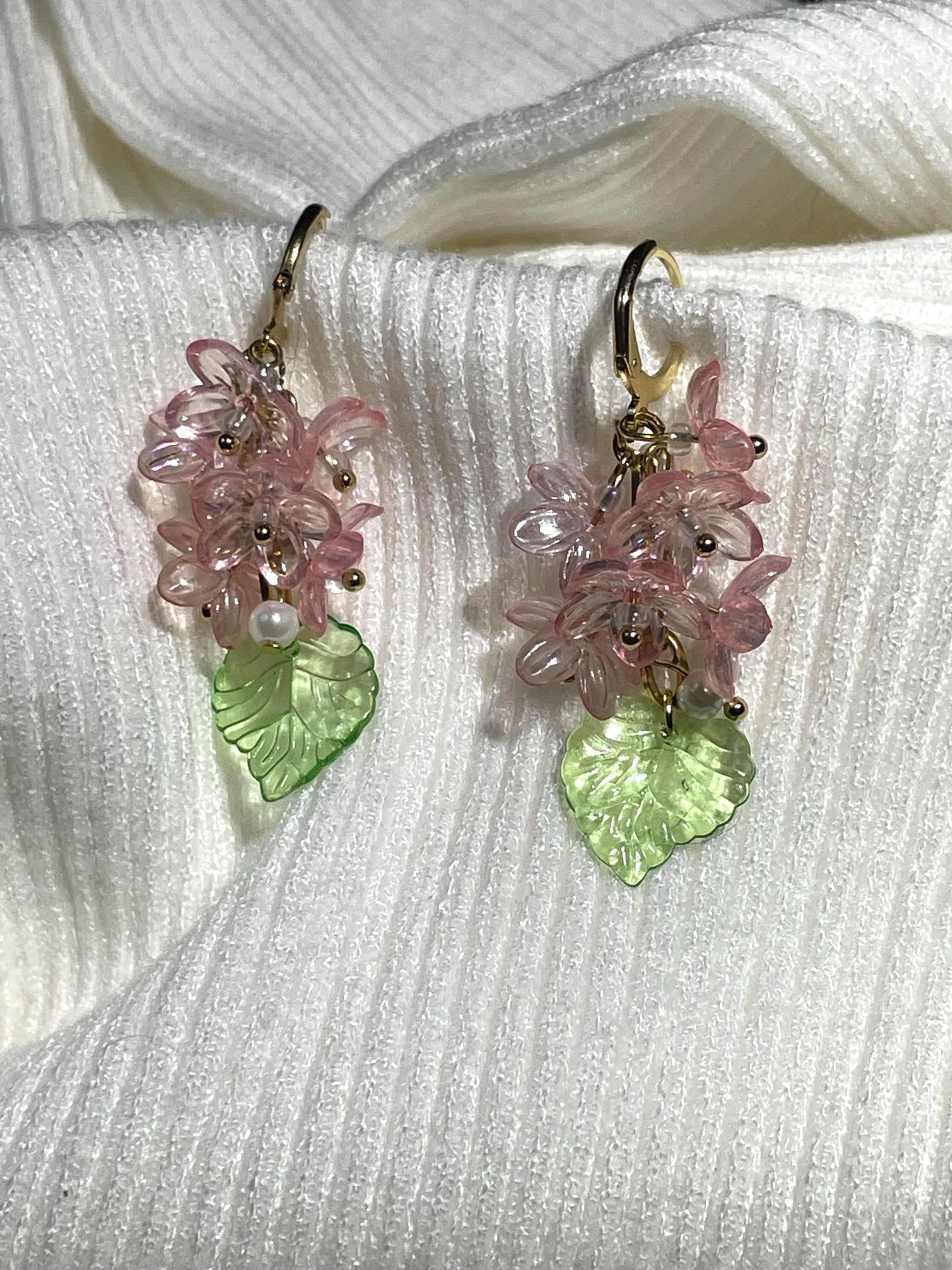 Cherry Blossom Earrings | Pink Fairycore Flower & Leaf Earrings, Botanical Aesthetic Jewelry