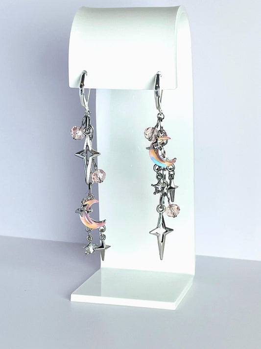 Pink Moon & Star Earrings | Asymmetrical Y2K Statement Jewelry