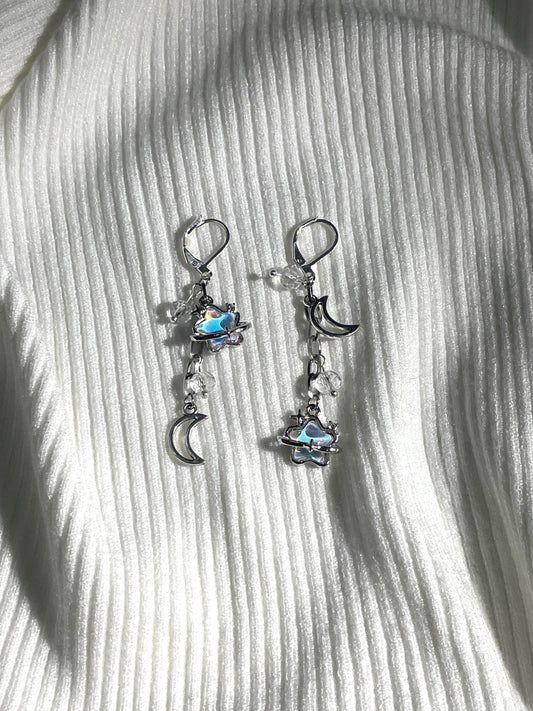 Star & Moon Mismatch Earrings | Blue Fairycore Celestial Dangle Earrings