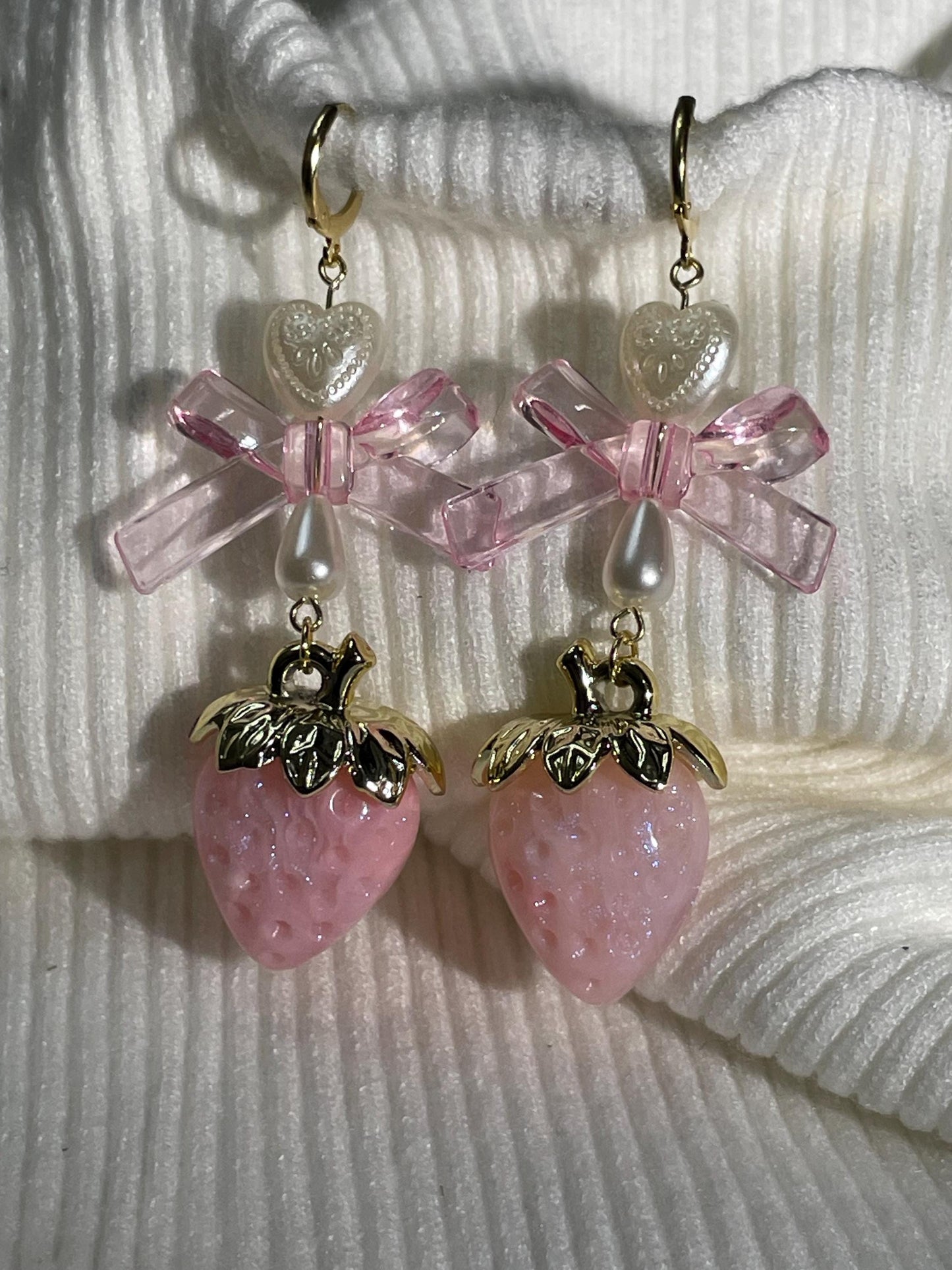 Strawberry Bow Earrings | Pink Fairycore Pearl Jewelry