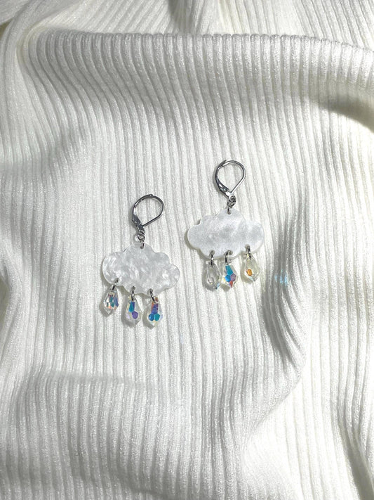 Cloud Dangly Earrings | Iridescent Fairycore Silver Rain Jewelry