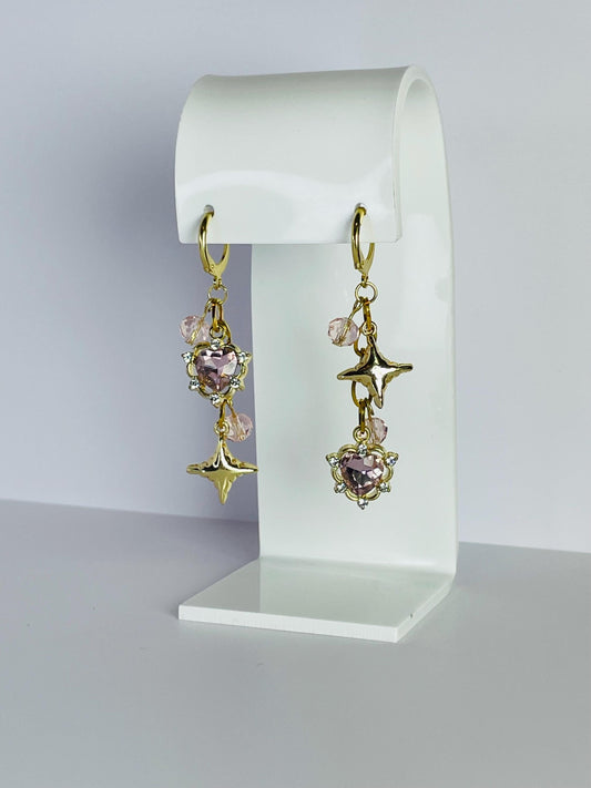 Mismatch Pink Heart Earrings | Gothic Y2K Gold Dangly Hearts