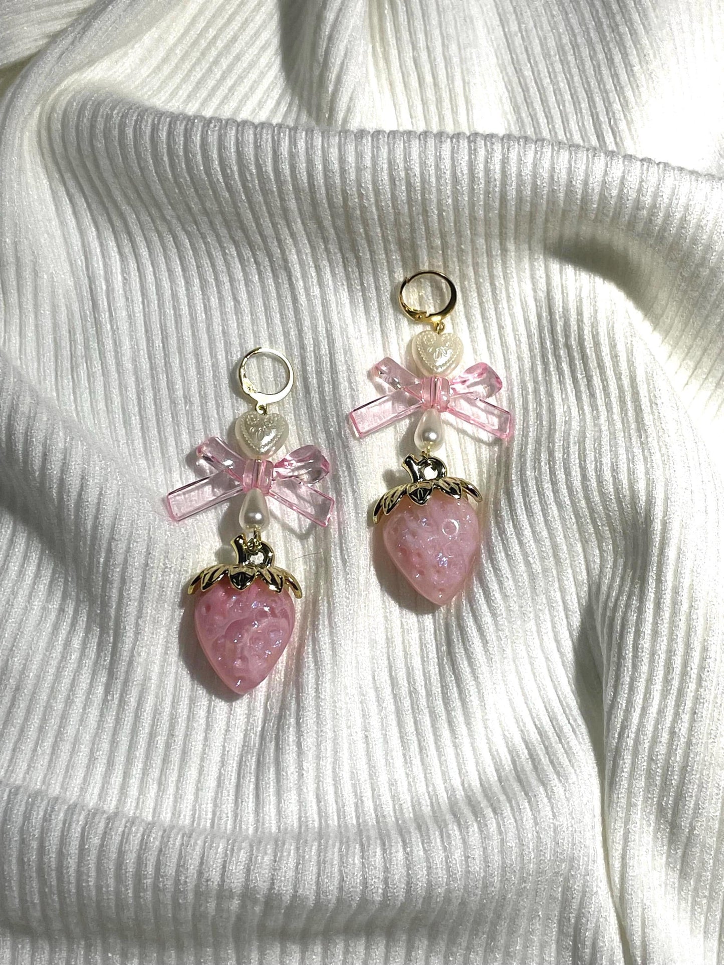 Strawberry Bow Earrings | Pink Fairycore Pearl Jewelry