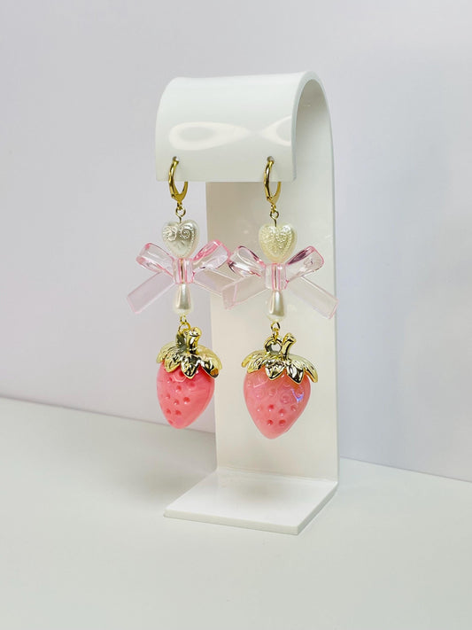 Strawberry Bow Earrings | Pink Fairycore Pearl Jewelry