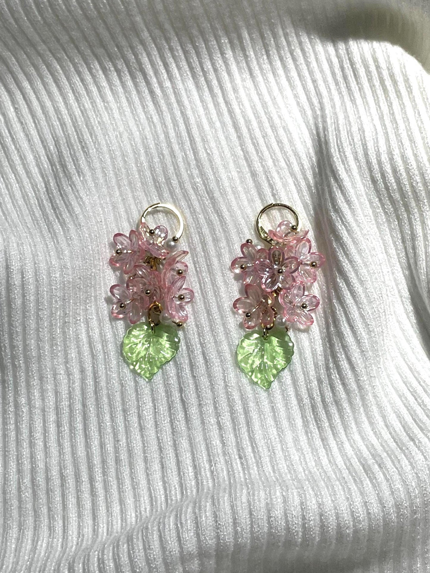Cherry Blossom Earrings | Pink Fairycore Flower & Leaf Earrings, Botanical Aesthetic Jewelry
