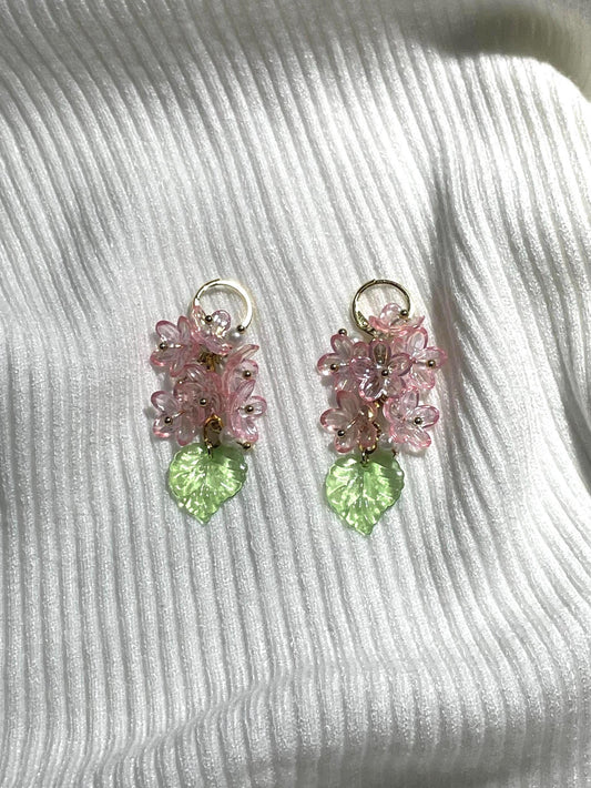 Cherry Blossom Earrings | Pink Fairycore Flower & Leaf Earrings, Botanical Aesthetic Jewelry